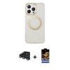 MARSİLYAN™- iPhone 15 Pro Max Kılıf Pusula Form - Siyah Buffer Hayalet Cam Ekran Koruyucu + Lacivert Raze Metal Kamera Lens