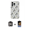MARSİLYAN™- iPhone 15 Pro Max Kılıf Pusula Form - Siyah Buffer Hayalet Cam Ekran Koruyucu + Turuncu PVD Metal Kamera Lens