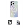 MARSİLYAN™- iPhone 15 Pro Max Kılıf Pusula Form - Siyah Vanessa Magic Hayalet Cam + PVD Metal Kamera Lens - LT