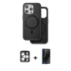 MARSİLYAN™- iPhone 15 Pro Max Kılıf Pusula Işık Koleksiyonu - Siyah 3D Antistatik Hayalet Cam Ekran Koruyucu + PVD Metal Kamera Lens - GS