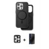 MARSİLYAN™- iPhone 15 Pro Max Kılıf Pusula Işık Koleksiyonu - Siyah 3D Antistatik Hayalet Cam Ekran Koruyucu + PVD Metal Kamera Lens - LT