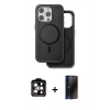 MARSİLYAN™- iPhone 15 Pro Max Kılıf Pusula Işık Koleksiyonu - Siyah 3D Antistatik Hayalet Cam Ekran Koruyucu + PVD Metal Kamera Lens - TU