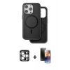 MARSİLYAN™- iPhone 15 Pro Max Kılıf Pusula Işık Koleksiyonu - Siyah 3D Antistatik Mat Seramik Nano Ekran Koruyucu + Gümüş PVD Metal Kamera Lens