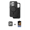 MARSİLYAN™- iPhone 15 Pro Max Kılıf Pusula Işık Koleksiyonu - Siyah Buffer Hayalet Cam Ekran Koruyucu + Gri PVD Metal Kamera Lens