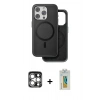 MARSİLYAN™- iPhone 15 Pro Max Kılıf Pusula Işık Koleksiyonu - Siyah Polymer Nano Ekran Koruyucu + Gümüş PVD Metal Kamera Lens