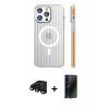 MARSİLYAN™- iPhone 15 Pro Max Kılıf Pusula Minimal Koleksiyonu - Siyah 3D Antistatik Hayalet Cam Ekran Koruyucu + Raze Metal Kamera Lens - SH
