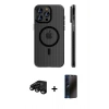 MARSİLYAN™- iPhone 15 Pro Max Kılıf Pusula Minimal Koleksiyonu - Siyah 3D Antistatik Hayalet Cam Ekran Koruyucu + Raze Metal Kamera Lens - SH