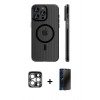 MARSİLYAN™- iPhone 15 Pro Max Kılıf Pusula Minimal Koleksiyonu - Siyah 3D Antistatik Hayalet Cam Ekran Koruyucu + PVD Metal Kamera Lens - GS