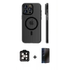 MARSİLYAN™- iPhone 15 Pro Max Kılıf Pusula Minimal Koleksiyonu - Siyah 3D Antistatik Hayalet Cam Ekran Koruyucu + PVD Metal Kamera Lens - TU