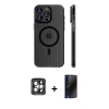 MARSİLYAN™- iPhone 15 Pro Max Kılıf Pusula Minimal Koleksiyonu - Siyah 3D Antistatik Hayalet Cam Ekran Koruyucu + PVD Metal Kamera Lens - GI
