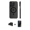 MARSİLYAN™- iPhone 15 Pro Max Kılıf Pusula Minimal Koleksiyonu - Siyah 3D Antistatik Hayalet Cam Ekran Koruyucu + Raze Metal Kamera Lens - TMGI