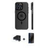 MARSİLYAN™- iPhone 15 Pro Max Kılıf Pusula Minimal Koleksiyonu - Siyah 3D Antistatik Hayalet Cam Ekran Koruyucu + Raze Metal Kamera Lens - LT
