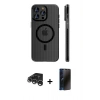 MARSİLYAN™- iPhone 15 Pro Max Kılıf Pusula Minimal Koleksiyonu - Siyah 3D Antistatik Hayalet Cam Ekran Koruyucu + Raze Metal Kamera Lens - GS