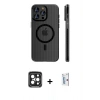 MARSİLYAN™- iPhone 15 Pro Max Kılıf Pusula Minimal Koleksiyonu - Siyah Bilvis 0.18mm Plus Cam Ekran Koruyucu + Siyah PVD Metal Kamera Lens
