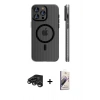 MARSİLYAN™- iPhone 15 Pro Max Kılıf Pusula Minimal Koleksiyonu - Siyah Bilvis 3D Mat Cam Ekran Koruyucu + Titanyum Gri Raze Metal Kamera Lens