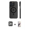 MARSİLYAN™- iPhone 15 Pro Max Kılıf Pusula Minimal Koleksiyonu - Siyah Bilvis 3D Mat Cam Ekran Koruyucu + PVD Metal Kamera Lens - GI