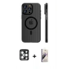 MARSİLYAN™- iPhone 15 Pro Max Kılıf Pusula Minimal Koleksiyonu - Siyah Bilvis 3D Mat Cam Ekran Koruyucu + PVD Metal Kamera Lens - LT