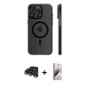 MARSİLYAN™- iPhone 15 Pro Max Kılıf Pusula Minimal Koleksiyonu - Siyah Bilvis 3D Mat Cam Ekran Koruyucu + Raze Metal Kamera Lens - TMGI