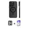 MARSİLYAN™- iPhone 15 Pro Max Kılıf Pusula Minimal Koleksiyonu - Siyah Bilvis 5in1 3D Magic Cam Ekran Koruyucu + PVD Metal Kamera Lens - LT