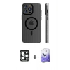 MARSİLYAN™- iPhone 15 Pro Max Kılıf Pusula Minimal Koleksiyonu - Siyah Bilvis 5in1 5D Magic Hayalet Cam Ekran Koruyucu + PVD Metal Kamera Lens - LT