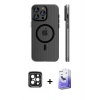 MARSİLYAN™- iPhone 15 Pro Max Kılıf Pusula Minimal Koleksiyonu - Siyah Bilvis 5in1 5D Magic Hayalet Cam Ekran Koruyucu + PVD Metal Kamera Lens - SH