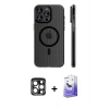MARSİLYAN™- iPhone 15 Pro Max Kılıf Pusula Minimal Koleksiyonu - Siyah Bilvis 5in1 5D Magic Hayalet Cam Ekran Koruyucu + PVD Metal Kamera Lens - LT