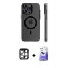 MARSİLYAN™- iPhone 15 Pro Max Kılıf Pusula Minimal Koleksiyonu - Siyah Bilvis 5in1 5D Magic Hayalet Cam Ekran Koruyucu + PVD Metal Kamera Lens - GS