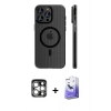 MARSİLYAN™- iPhone 15 Pro Max Kılıf Pusula Minimal Koleksiyonu - Siyah Bilvis 5in1 5D Magic Hayalet Cam Ekran Koruyucu + PVD Metal Kamera Lens - GS