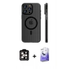 MARSİLYAN™- iPhone 15 Pro Max Kılıf Pusula Minimal Koleksiyonu - Siyah Bilvis 5in1 5D Magic Hayalet Cam Ekran Koruyucu + PVD Metal Kamera Lens - TU