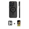 MARSİLYAN™- iPhone 15 Pro Max Kılıf Pusula Minimal Koleksiyonu - Siyah Buffer Cam Ekran Koruyucu + PVD Metal Kamera Lens - GS