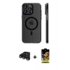 MARSİLYAN™- iPhone 15 Pro Max Kılıf Pusula Minimal Koleksiyonu - Siyah Buffer Cam Ekran Koruyucu + Siyah Raze Metal Kamera Lens