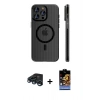 MARSİLYAN™- iPhone 15 Pro Max Kılıf Pusula Minimal Koleksiyonu - Siyah Buffer Hayalet Cam Ekran Koruyucu + Lacivert Raze Metal Kamera Lens