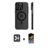 MARSİLYAN™- iPhone 15 Pro Max Kılıf Pusula Minimal Koleksiyonu - Siyah Buffer Hayalet Cam Ekran Koruyucu + Gri PVD Metal Kamera Lens