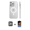 MARSİLYAN™- iPhone 15 Pro Max Kılıf Pusula Minimal Koleksiyonu - Siyah Buffer Hayalet Cam Ekran Koruyucu + Gri PVD Metal Kamera Lens