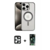 MARSİLYAN™- iPhone 15 Pro Max Kılıf Siluet Çizgi Serisi - Şeffaf 360 Full Body Arka Koruyucu + Lacivert PVD Metal Kamera Lens