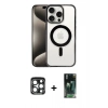 MARSİLYAN™- iPhone 15 Pro Max Kılıf Siluet Çizgi Serisi - Şeffaf 360 Full Body Arka Koruyucu + Lacivert PVD Metal Kamera Lens