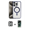 MARSİLYAN™- iPhone 15 Pro Max Kılıf Siluet Çizgi Serisi - Şeffaf 360 Full Body Arka Koruyucu + Lacivert PVD Metal Kamera Lens