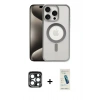 MARSİLYAN™- iPhone 15 Pro Max Kılıf Siluet Çizgi Serisi - Şeffaf Pasifik Cam Ekran Koruyucu + Lacivert PVD Metal Kamera Lens