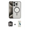 MARSİLYAN™- iPhone 15 Pro Max Kılıf Siluet Çizgi Serisi - Şeffaf Pasifik Cam Ekran Koruyucu + Turuncu PVD Metal Kamera Lens
