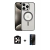 MARSİLYAN™- iPhone 15 Pro Max Kılıf Siluet Çizgi Serisi - Siyah 3D Antistatik Hayalet Cam Ekran Koruyucu + PVD Metal Kamera Lens - TU