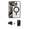 MARSİLYAN™- iPhone 15 Pro Max Kılıf Siluet Çizgi Serisi - Siyah 3D Antistatik Hayalet Cam Ekran Koruyucu + Raze Metal Kamera Lens - SH