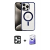 MARSİLYAN™- iPhone 15 Pro Max Kılıf Siluet Çizgi Serisi - Siyah Bilvis 5in1 5D Magic Hayalet Cam Ekran Koruyucu + Lacivert PVD Metal Kamera Lens