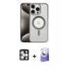 MARSİLYAN™- iPhone 15 Pro Max Kılıf Siluet Çizgi Serisi - Siyah Bilvis 5in1 5D Magic Hayalet Cam Ekran Koruyucu + Gümüş PVD Metal Kamera Lens