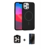 MARSİLYAN™- iPhone 15 Pro Max Kılıf Siluet Doku Özel Seri - Siyah 3D Antistatik Hayalet Cam Ekran Koruyucu + Turuncu PVD Metal Kamera Lens