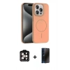 MARSİLYAN™- iPhone 15 Pro Max Kılıf Siluet Doku Özel Seri - Siyah 3D Antistatik Hayalet Cam Ekran Koruyucu + Turuncu PVD Metal Kamera Lens