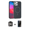 MARSİLYAN™- iPhone 15 Pro Max Kılıf Siluet Doku Özel Seri - Siyah 3D Antistatik Hayalet Cam Ekran Koruyucu + Turuncu PVD Metal Kamera Lens
