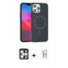 MARSİLYAN™- iPhone 15 Pro Max Kılıf Siluet Doku Özel Seri - Siyah Bilvis 0.18mm Plus Cam Ekran Koruyucu + Gümüş PVD Metal Kamera Lens
