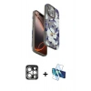 MARSİLYAN™- iPhone 15 Pro Max Kılıf Siluet Doku - Siyah 3D Antistatik Seramik Nano Ekran Koruyucu + Gümüş PVD Metal Kamera Lens