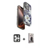 MARSİLYAN™- iPhone 15 Pro Max Kılıf Siluet Doku - Siyah Bilvis Hayalet Cam Ekran Koruyucu + Gümüş PVD Metal Kamera Lens