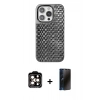 MARSİLYAN™- iPhone 15 Pro Max Kılıf Siluet Form Serisi - Siyah 3D Antistatik Hayalet Cam Ekran Koruyucu + Turuncu PVD Metal Kamera Lens